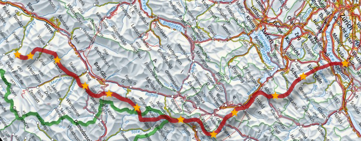 Streckenplan: Lauftour 2015, Rüti (ZH) - Oberalp - Simplon - Sepec im Val d'Hérens (VS) (Martin Job)